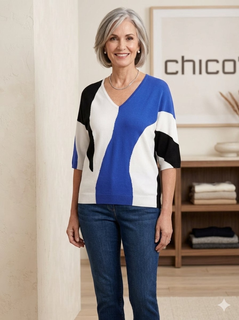 NWT Chico's Size 2 Blue, Black & White V-Neck Pullover Sweater ABSTRACT INTARSIA